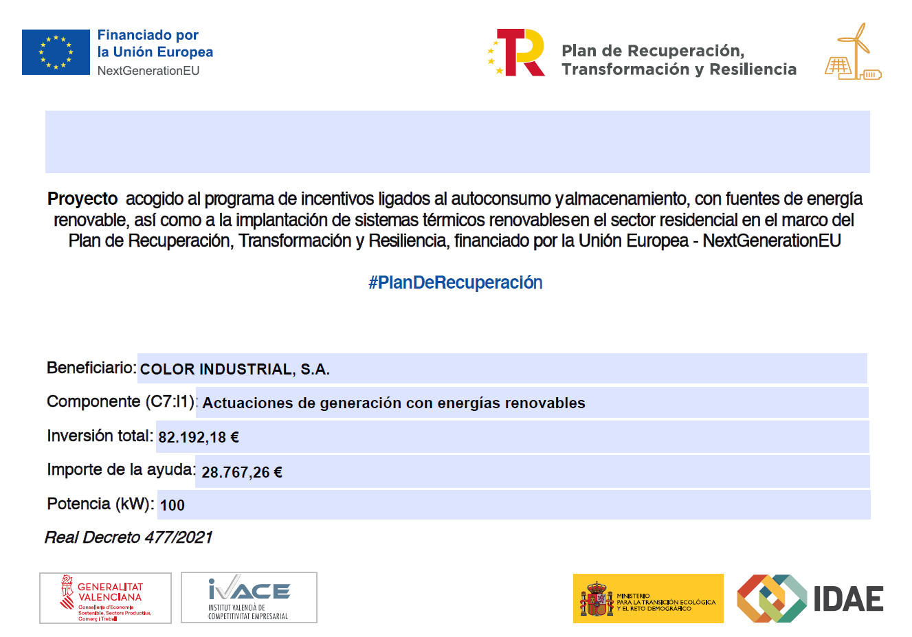 Cartel de financiación: Plan de Recuperación, Transformación y Resiliencia - NextGenerationEU